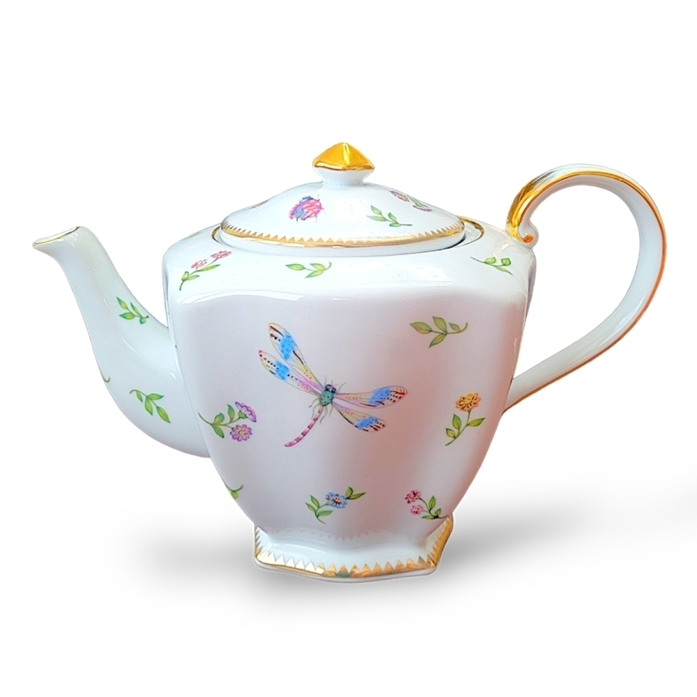 Godinger Primavera Square Teapot Dragonfly Floral Gold Trim Discontinued - Picture 8 of 8